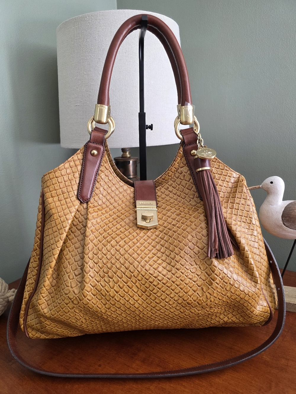 Brahmin Elisa Snake Embossed Leather Satchel Shoulder Bag Tan Brown